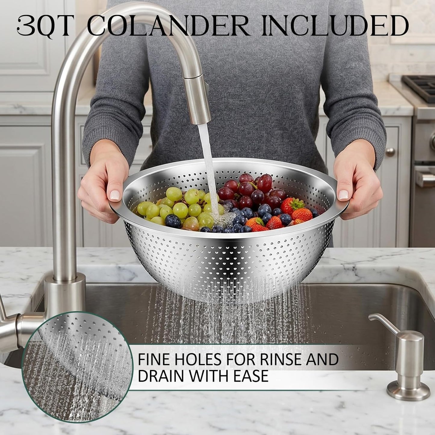 DUTZUN Heavy-Duty Stainless Steel Mixing Bowls Set of 5 plus 3QT Colander, Nesting Kitchen Metal Bowl for Baking Prep Salads Serving Cooking, Dishwasher Safe — 4.0 to 0.8 QT