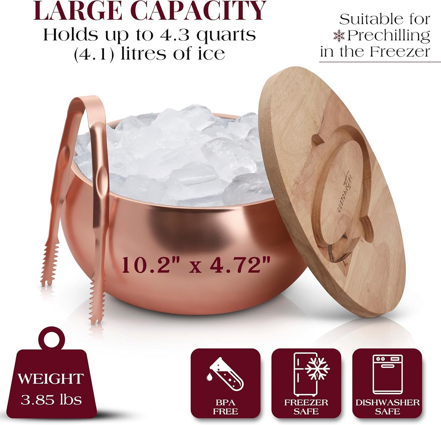 Gusto Nostro 4.1L Insulated Ice Bucket with Lid and Tongs, Double Wall Stainless Steel Ice Bucket Large, BPA Free Ice Bucket for Cocktail Bar, Keeps Champagne, Wine, Beer Chill for Parties