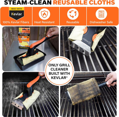 Proud Grill Q-Swiper XL Steam-Clean BBQ Grill Cleaner Set - 1 Bristle & Wire-Free Brush with Scraper, 2 Kevlar Steam Clean Cloths & 1 Water Tray, Grease & Grime Remover, Outdoor Barbecue Accessories