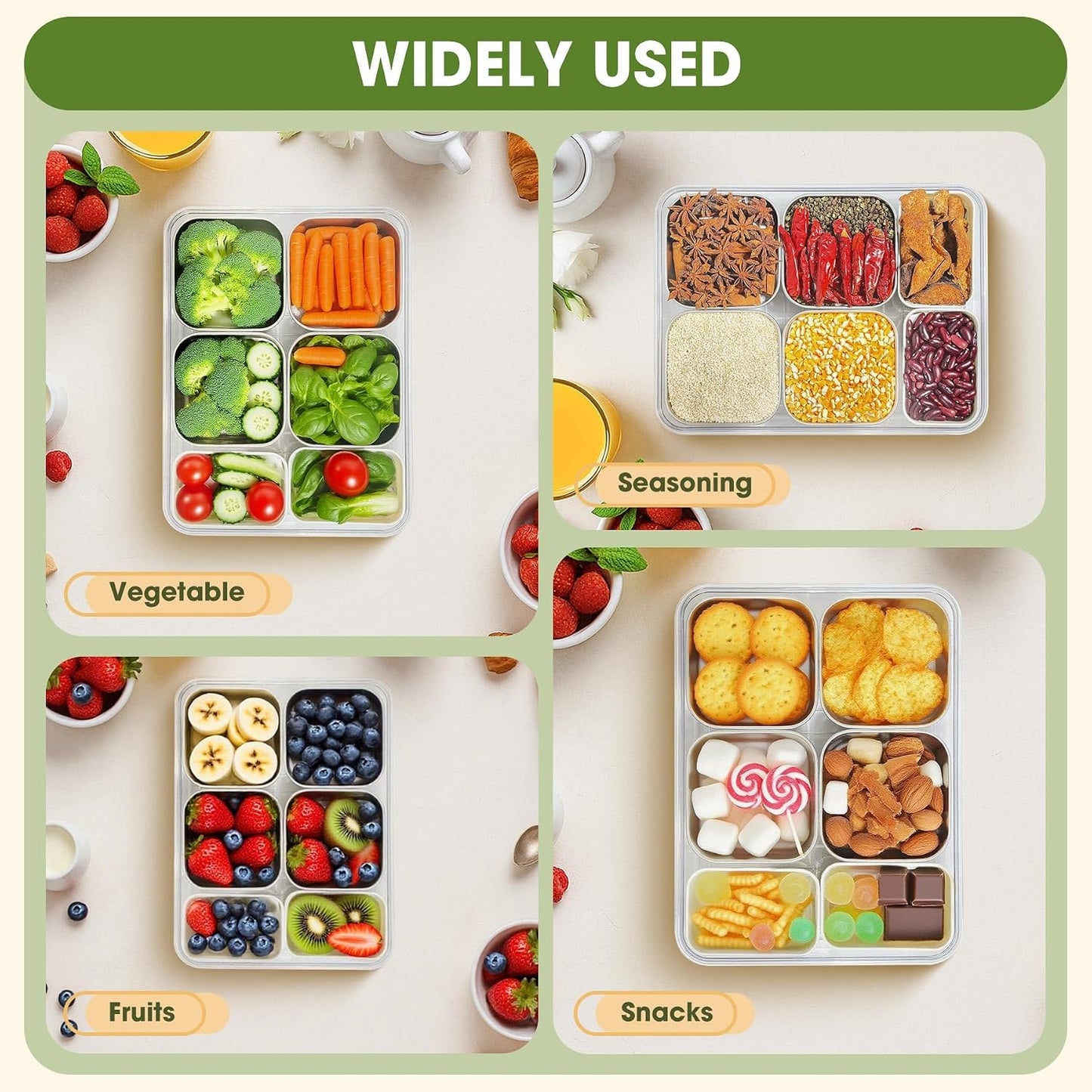 WanshengLe 6 in 1 Snackle Box 3.82L with Lid & Handle, 4 PCS Stainless Steel Snack Box and 2 PCS Plastic Box, 6 Detachable & Dishwasher Safe Snacklebox, Divided Container Box for Snack Fruit Nut