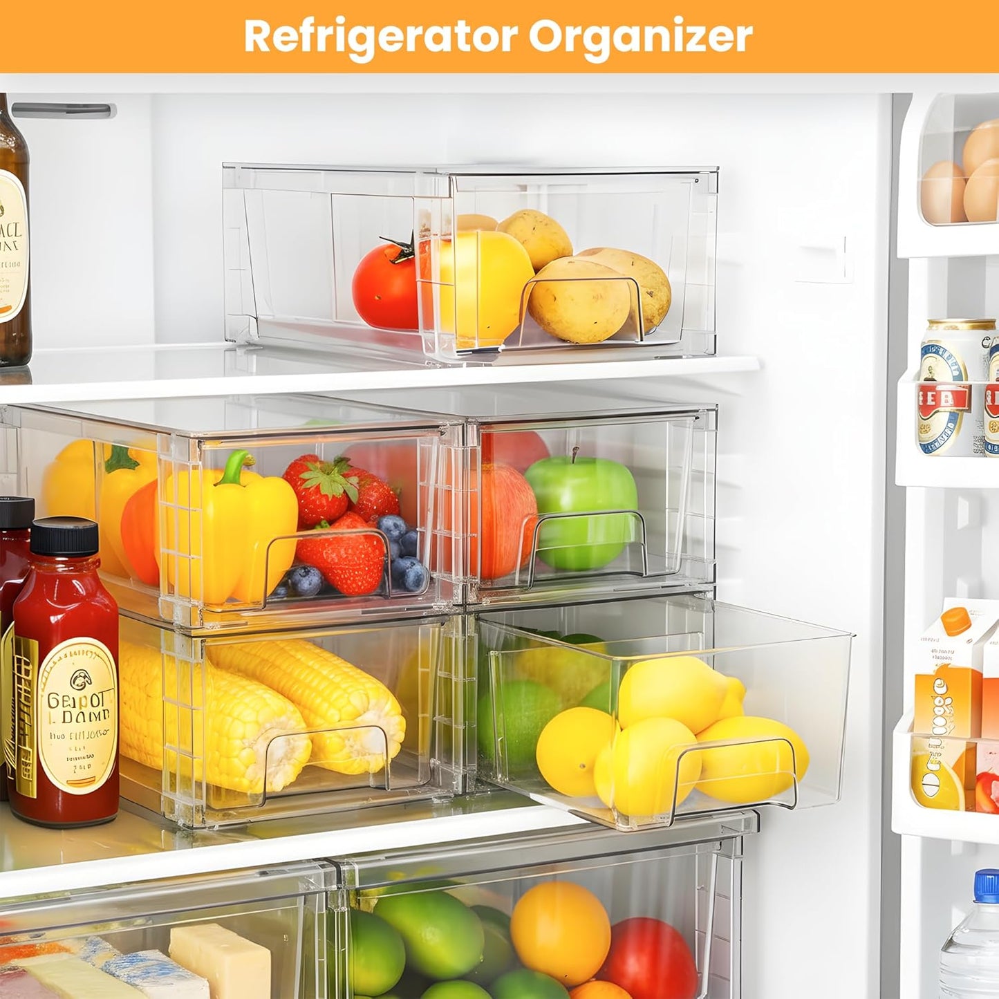 6 Pack Stackable Storage Drawers,Plastic Organizers Bins, Drawers Storage with Handles and Movable Dividers for Organization and Storage in Fridge,Bathroom, Pantry, Kitchen Cabinets, Under Sink