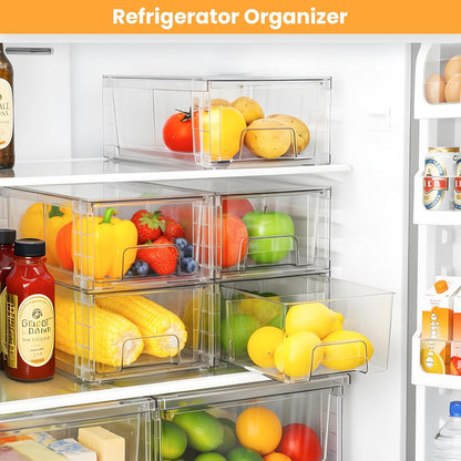 6 Pack Stackable Storage Drawers,Plastic Organizers Bins, Drawers Storage with Handles and Movable Dividers for Organization and Storage in Fridge,Bathroom, Pantry, Kitchen Cabinets, Under Sink