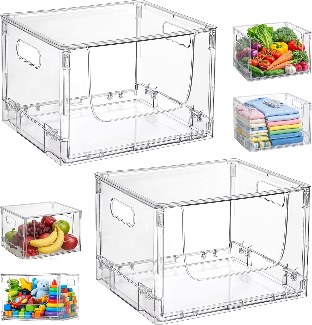 ANUMITRA 2 Pack Large Foldable Open Front Storage Bins with Lids, Stackable Clear Plastic Container Organizer for Pantry, Kitchen, Cabinet, Bathroom, Closet Organizers and Storage