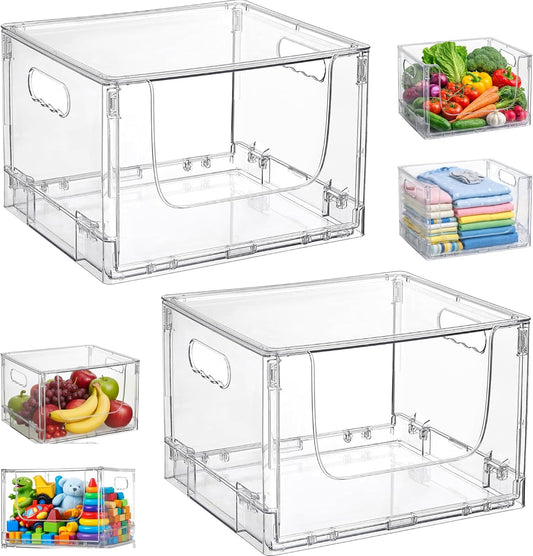 ANUMITRA 2 Pack Large Foldable Open Front Storage Bins with Lids, Stackable Clear Plastic Container Organizer for Pantry, Kitchen, Cabinet, Bathroom, Closet Organizers and Storage