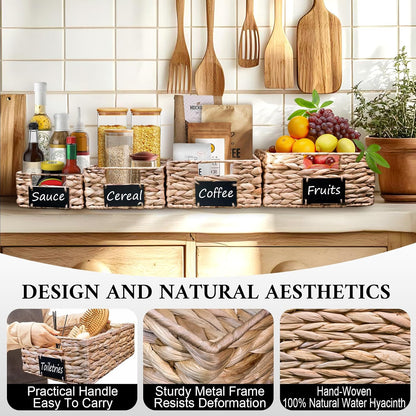 Set of 4 Sizes Hand-Woven Pantry Shelf Baskets, Hyacinth Storage Baskets with Chalkboard Labels & 2 Chalk Markers, Wicker Nestable Basket Set for Organizing Pantry Kitchen Laundry Shelves (Brown)