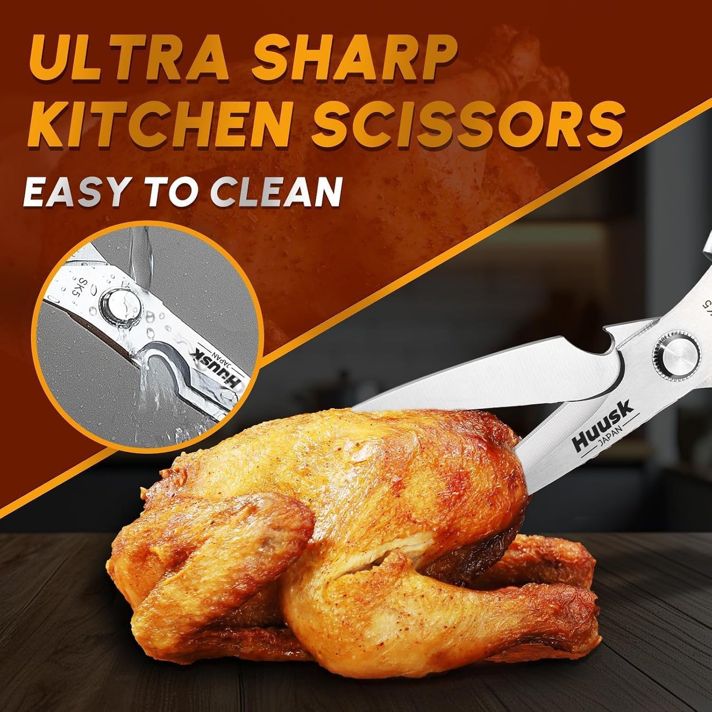 HUUSK Kitchen Scissors All Purpose - Stainless Steel Kitchen Shear, Sharp Silver Meat Scissors Dishwasher Safe, Heavy Duty Poultry Shears, Japanese Cooking Scissor for Food, Christmas Gifts for Women