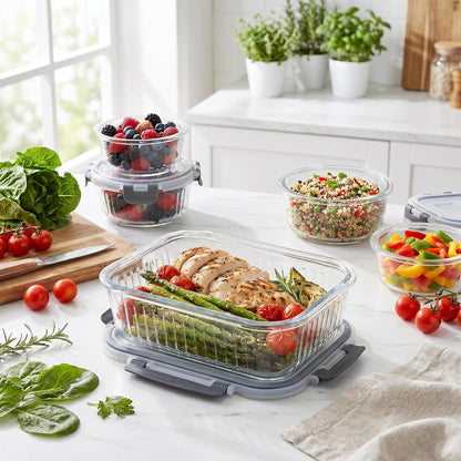 Glass Food Storage Containers with Lids, 12 Piece Glass Meal Prep Containers Set, Airtight Leakproof Snap Lock Lids, BPA-Free, Freezer Microwave Oven Dishwasher Safe, Ribbed Glass Containers
