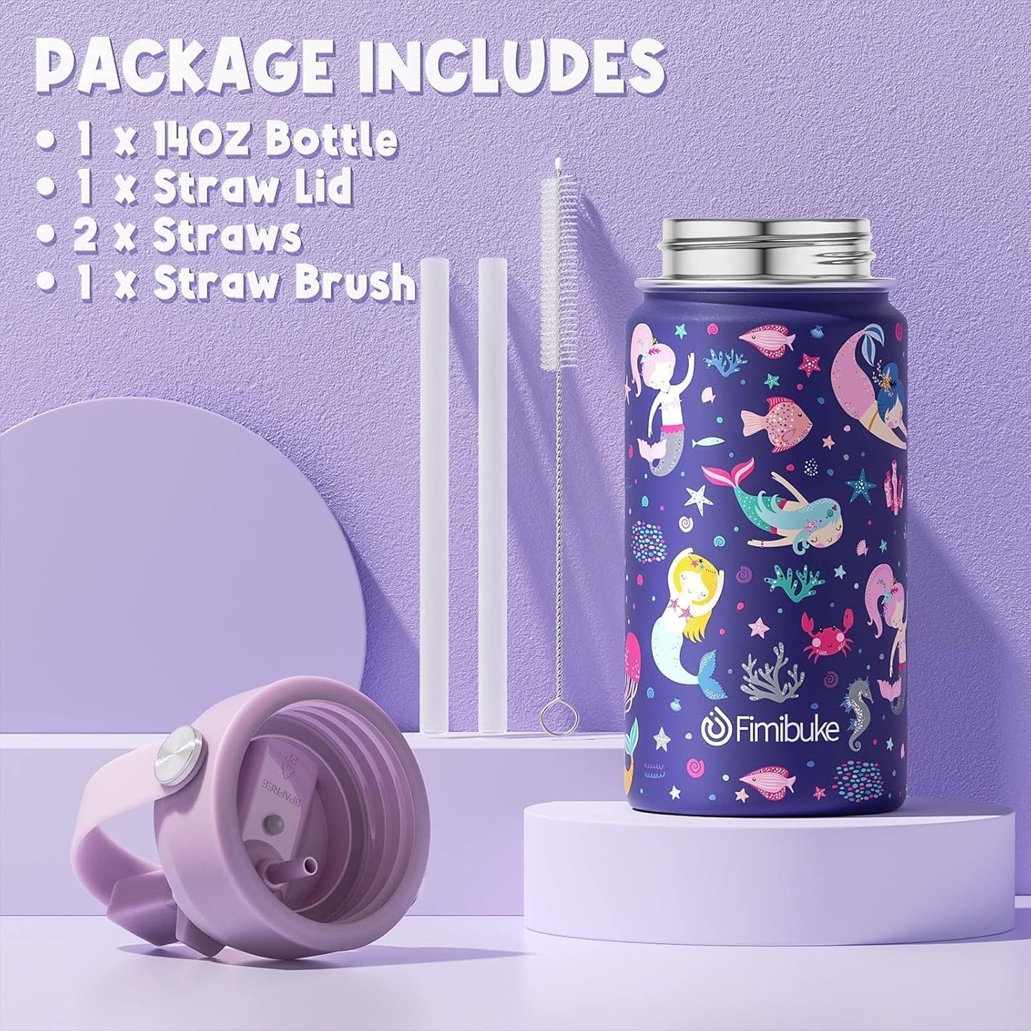 Fimibuke Kids Bento Lunch Box with 4 Compartments, Insulated lunch Bag, Stainless Steel Insulated Water Bottle, Ice Pack & Utensils Set, Birthday Gifts for Ages 3-12 Back to School Toddler Girls Boys