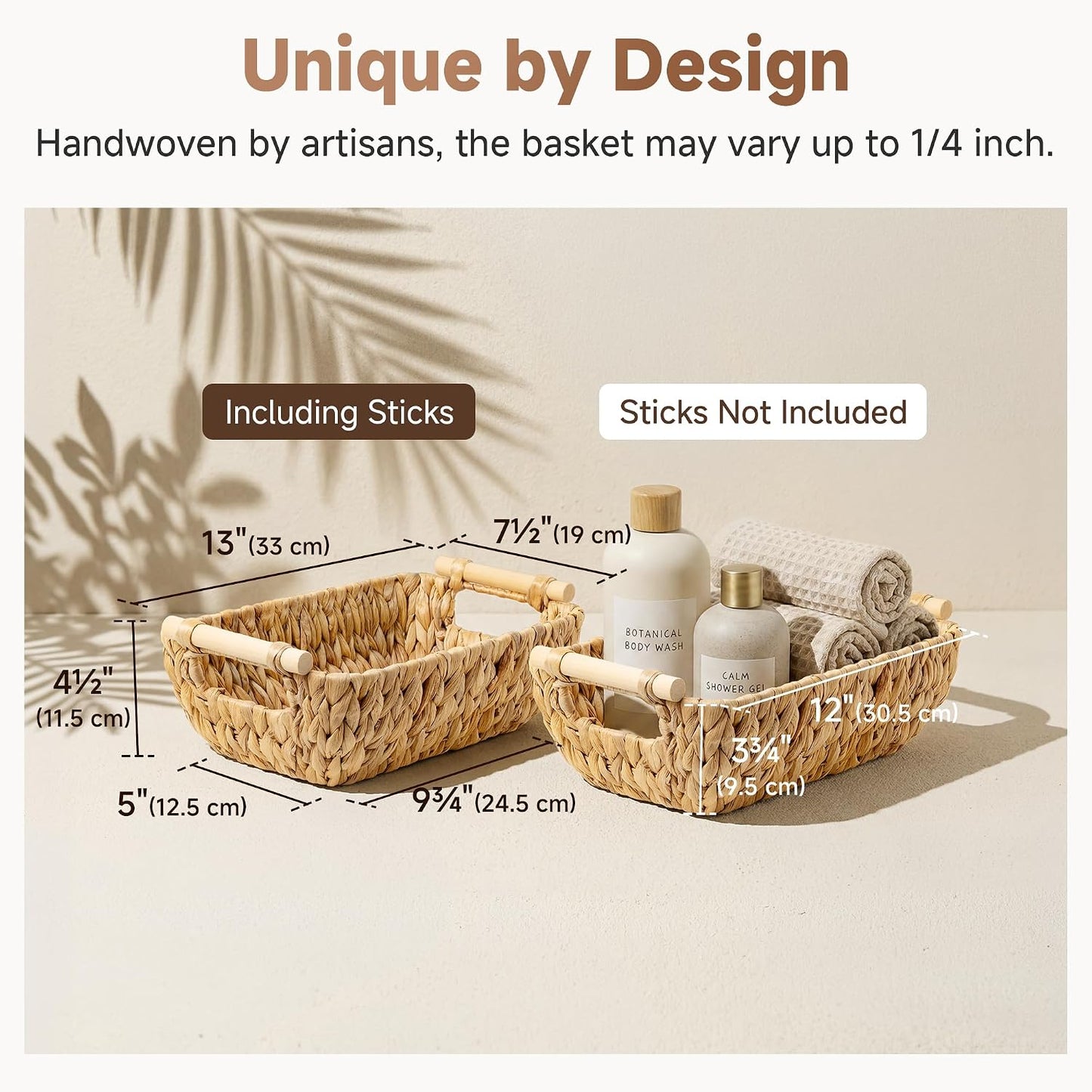 StorageWorks Hand-Woven Storage Baskets with Wooden Handles, Water Hyacinth Wicker Baskets for Organizing, 2 Pack