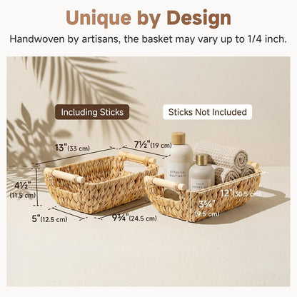 StorageWorks Hand-Woven Storage Baskets with Wooden Handles, Water Hyacinth Wicker Baskets for Organizing, 2 Pack