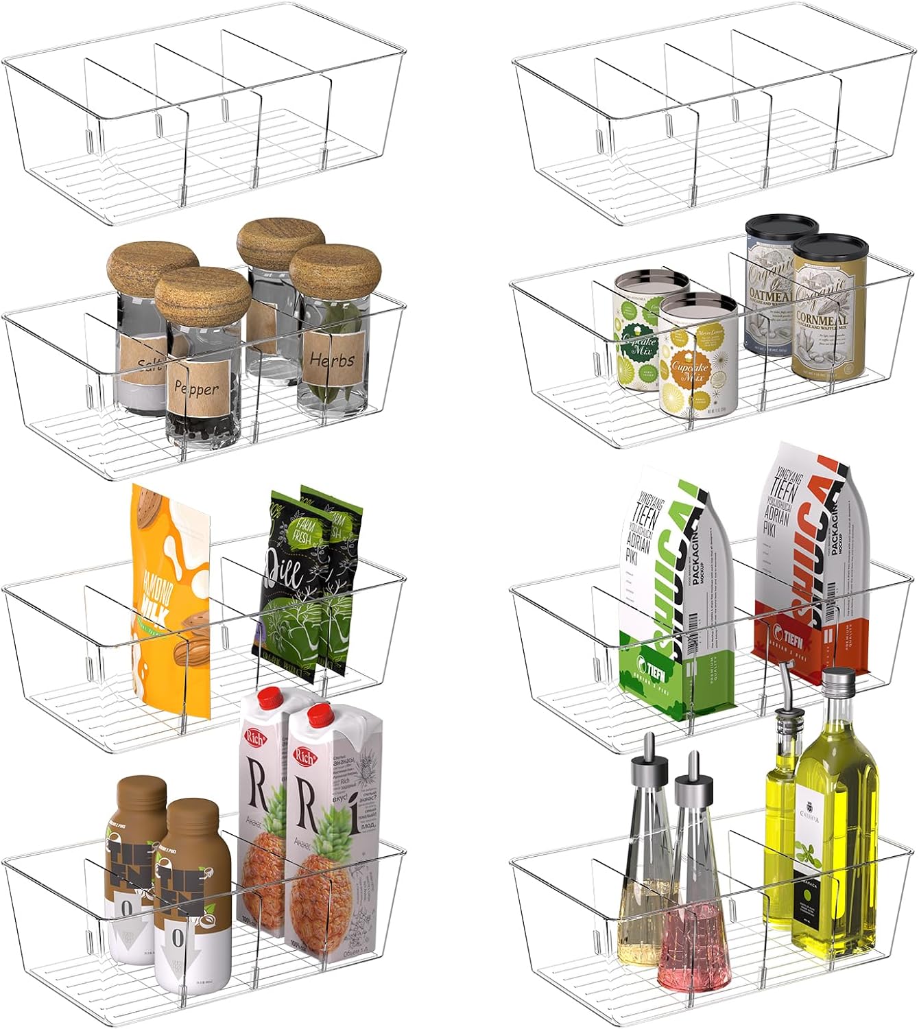 STARLATTA Kitchen Organizers and Storage Bins with Removable Dividers，8 Pack Clear Plastic Storage Bins，Fridge Organizer Bins Pantry Storage Containers for Fruits,Snacks,Tea Packets,Spice Packets