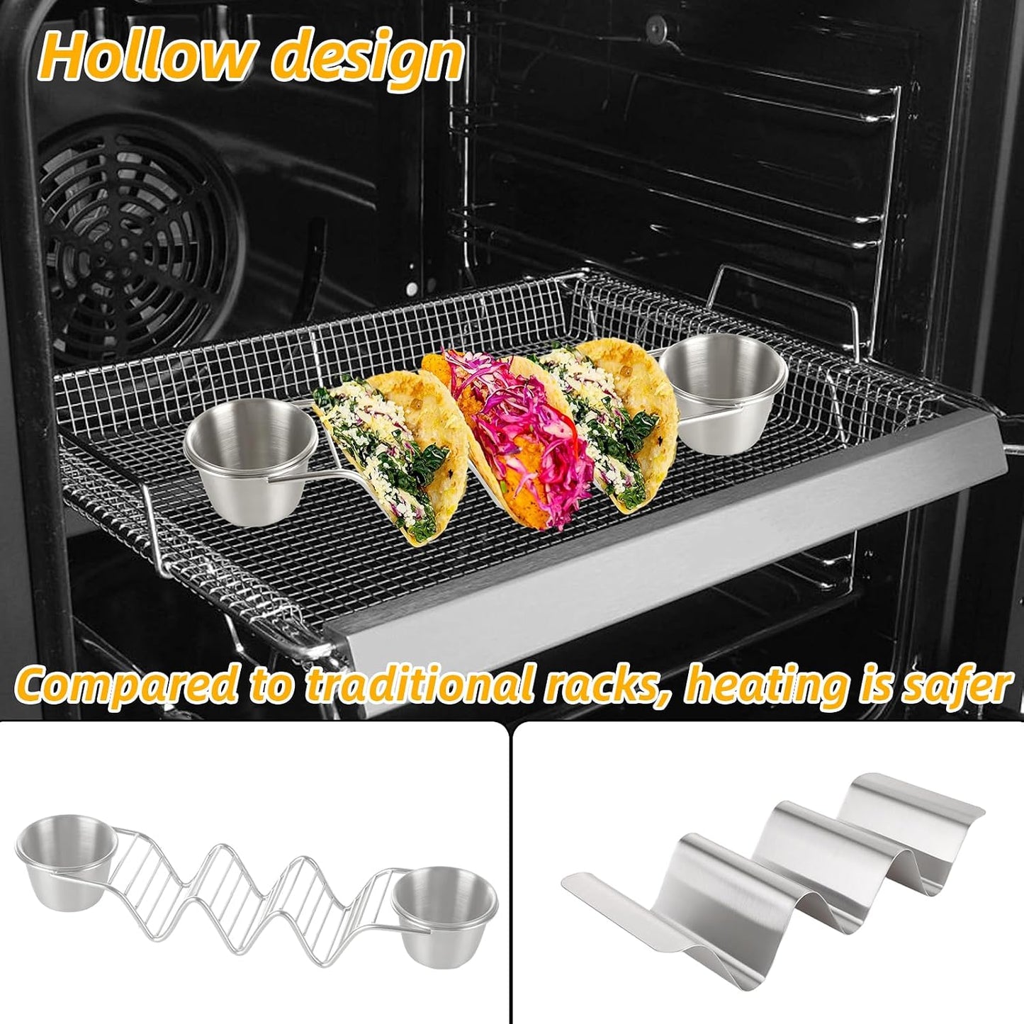 Stainless Steel Taco Holder 4 Packs Grill & Oven Safe Taco Holders with 2 Sauce Cups and Spoon Each Metal Taco Stands for 3 Tacos Taco Shell Stands for Taco Bar Gifts & Accessories