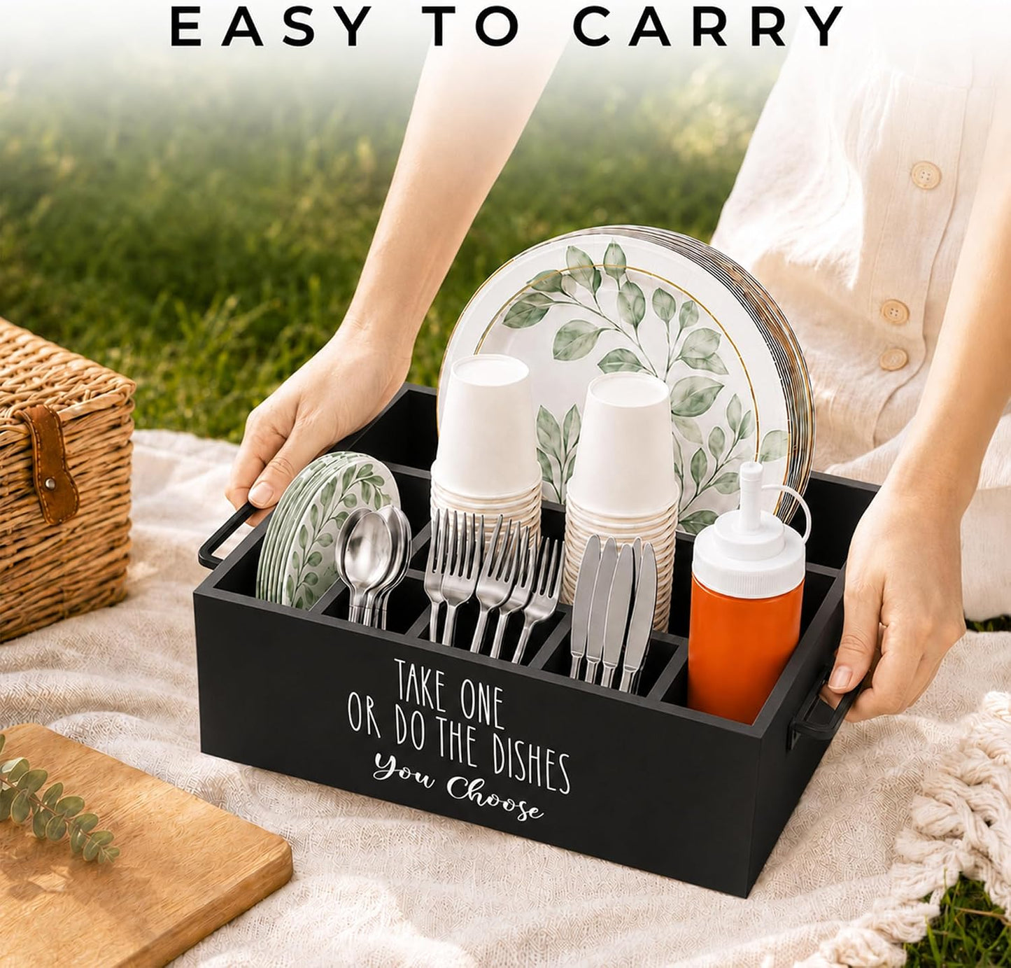 Paper Plate Holder, Plastic Silverware Caddy, Plastic Utensil Dispenser for Party Buffet Camping BBQ, Disposable Spoon Fork Knives Dish Cup Napkin Storage Organizer for Kitchen Counter (White)