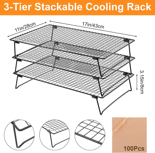 3 Layer 17" x 11" Cookie Cooling Wire Rack with 100pcs Baking Paper Cooling Racks for Cooking and Baking Stackable Drying Racks Cookie Rack Bread CoolingRack for Oven Roasting Grilling