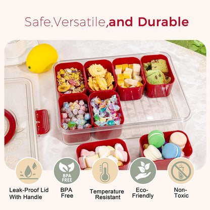 U-QE Dishwasher Safe Snackle Box Container with 8 Small Snacks Box - Premium Ivory Plastic Divided Serving Tray with Lid and Handle for Snack, Veggie, Fruits, Perfect for Party, Picnic, Entertaining