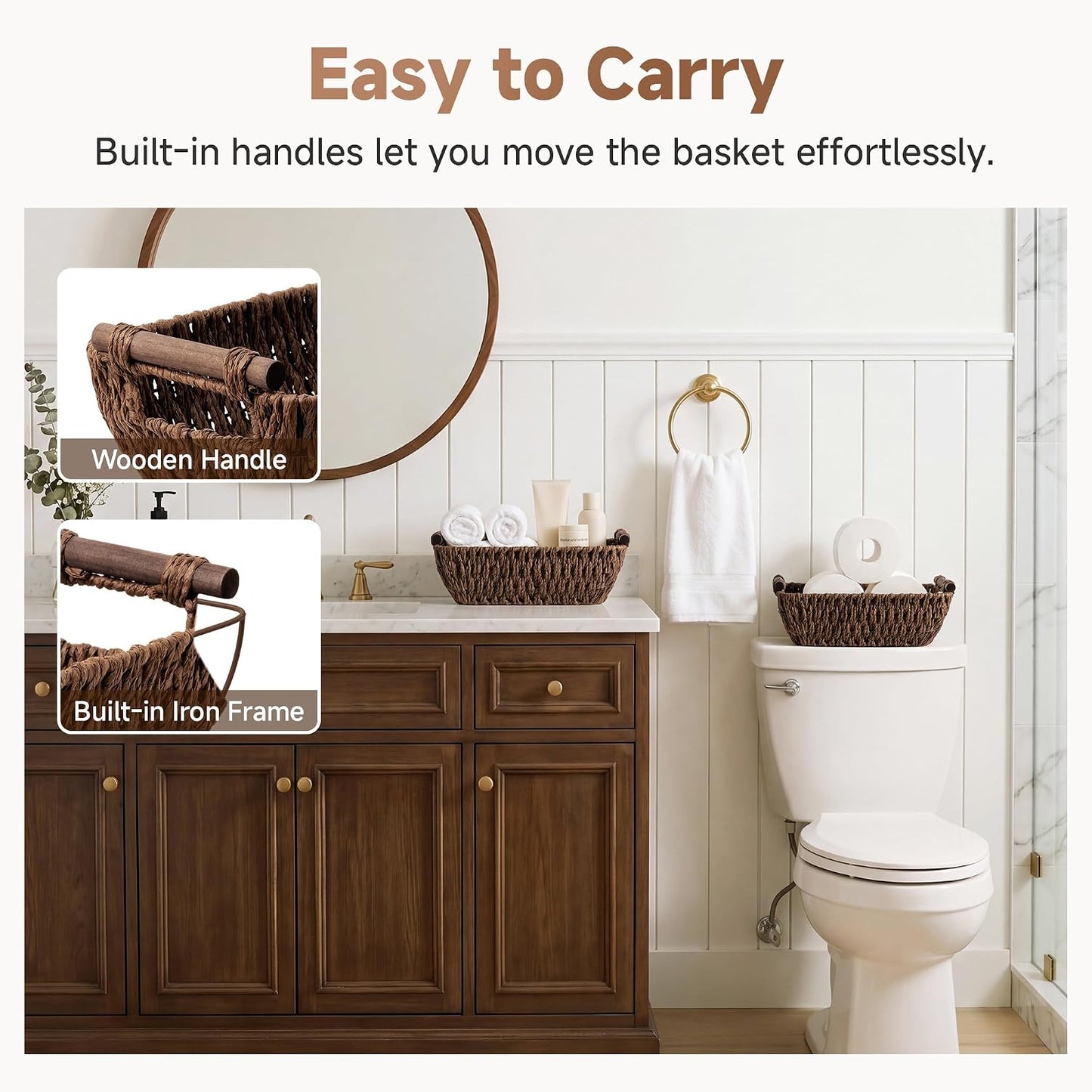 StorageWorks Hand-Woven Storage Baskets with Wooden Handles, Water Hyacinth Wicker Baskets for Organizing, 2 Pack