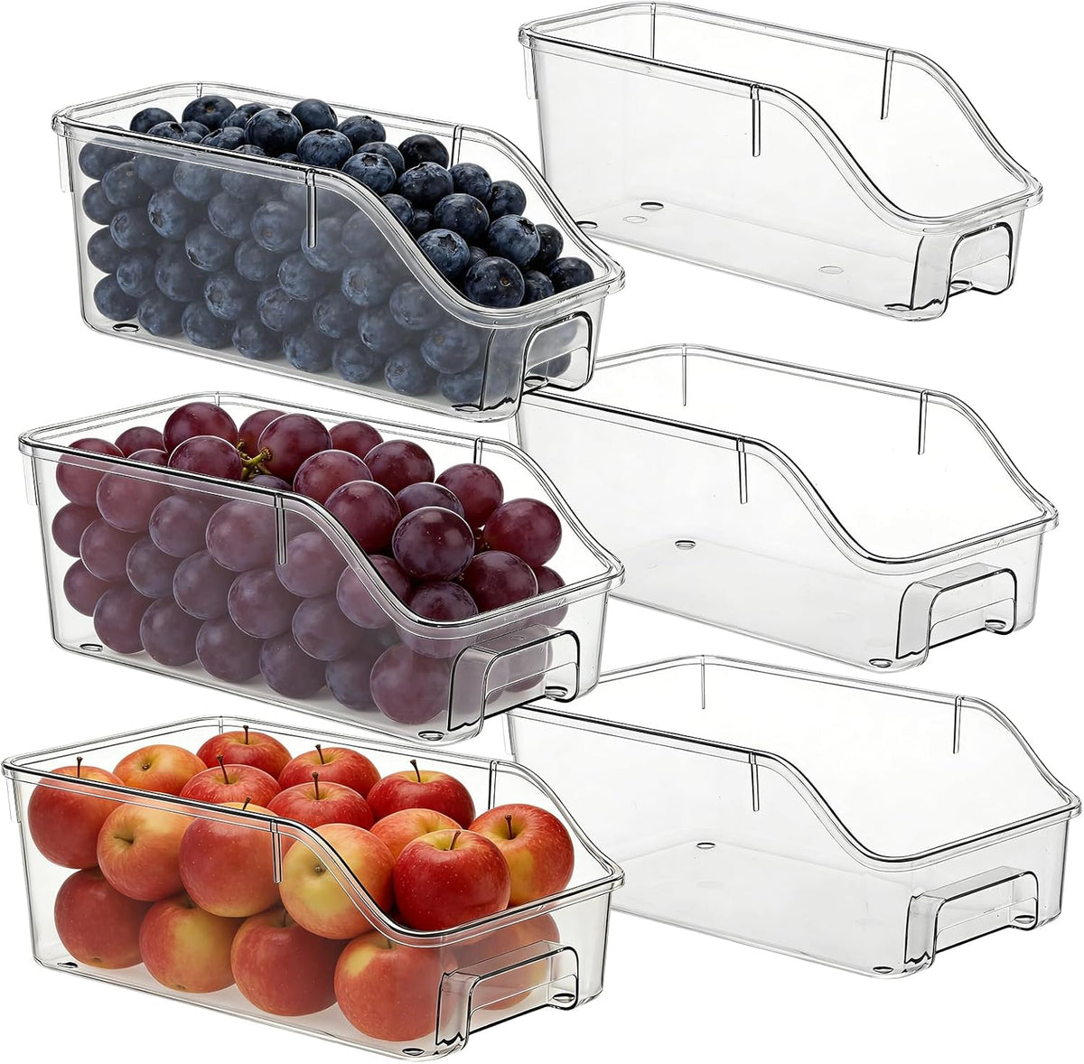 6 Packs Clear Freezer Organizers and Storage Bins with Handle, Stackable Storage Bins Open Front Pantry Bins for Storage and Organization for Bathroom Kitchen Refrigerator Pantry