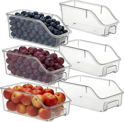 6 Packs Clear Freezer Organizers and Storage Bins with Handle, Stackable Storage Bins Open Front Pantry Bins for Storage and Organization for Bathroom Kitchen Refrigerator Pantry
