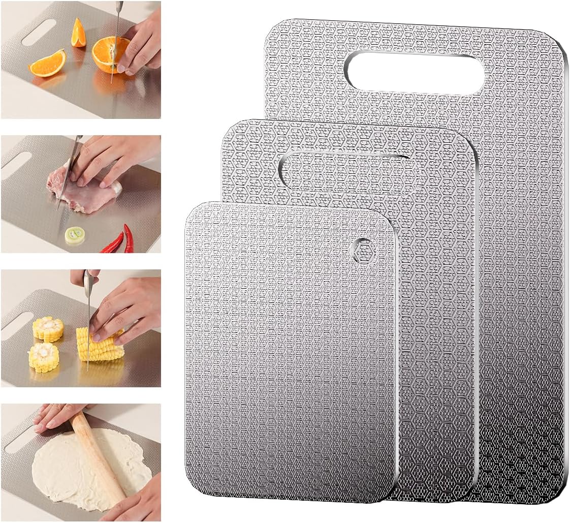 Honeycomb Stainless Steel Cutting Boards 3-Piece Set - Non-Slip Design Reduces Scratches, Perfect for Meat, Veggies & Fruits (3 Sizes, Dishwasher Safe)