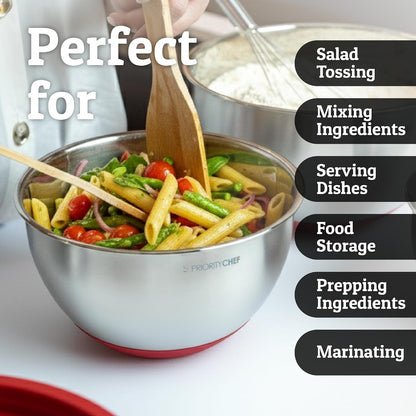 Priority Chef Stainless Steel Mixing Bowls with Lids Set, Metal Nesting Bowls with Airtight Lids, Graters, Non-Slip Base & Measurement Marks, Includes Utensil Set for Prep, Baking & Storage, Black