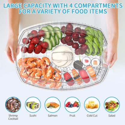 Ice Chilled Party Platter - 15'' Divided Serving Tray with Lid and 4 Compartments, Clear Fruit Trays for Serving for Party, Ideal Cold Chilled Serving Trays for Parties, Shrimp Cocktail, Etc