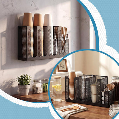 Maxcheck Metal Mesh Cup and Lid Holder Coffee Paper Cup Dispenser Lid Holder Storage Organizer Countertop or Wall Mount for Coffee Bar, Kitchen, Breakroom(4 Compartments,16.1 x 4.1 x 8 Inch)