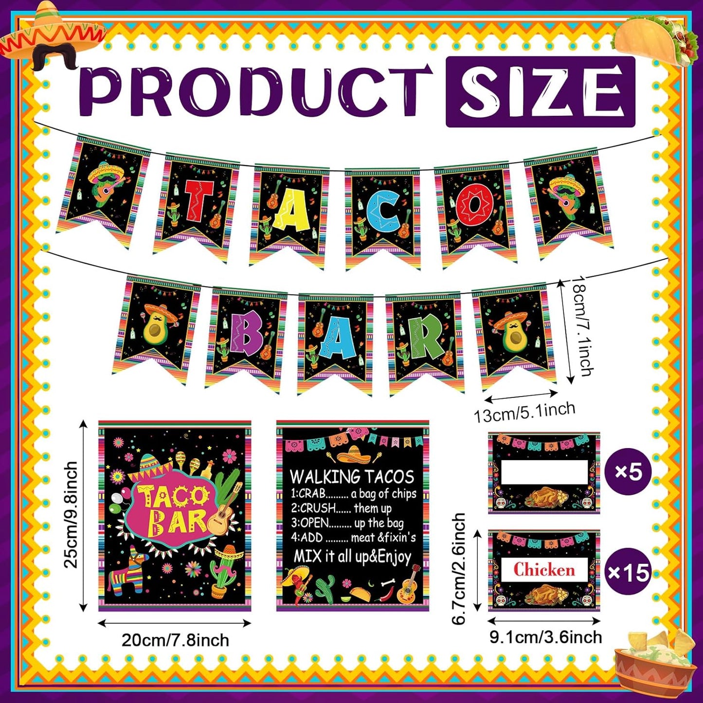 FoldTier 36 Pcs Taco Tuesday Bar Kit Mexican Taco Party Decorations with 6 Pack 20 oz Angled Plastic Bowls Buffet Serving Tongs Pepper Banner Sign Tents for Cinco De Mayo Mexican Theme Party Supplies