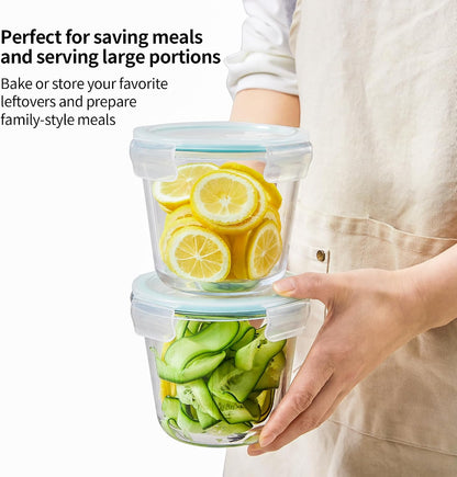 8 PCS Glass Meal Prep Containers with Lids, Airtight 3 Cup Glass Storage Containers Set, Round Deep Soup Containers with Lids for Leftover, Microwave, Dishwasher, and Freezer Safe(4 Sets)