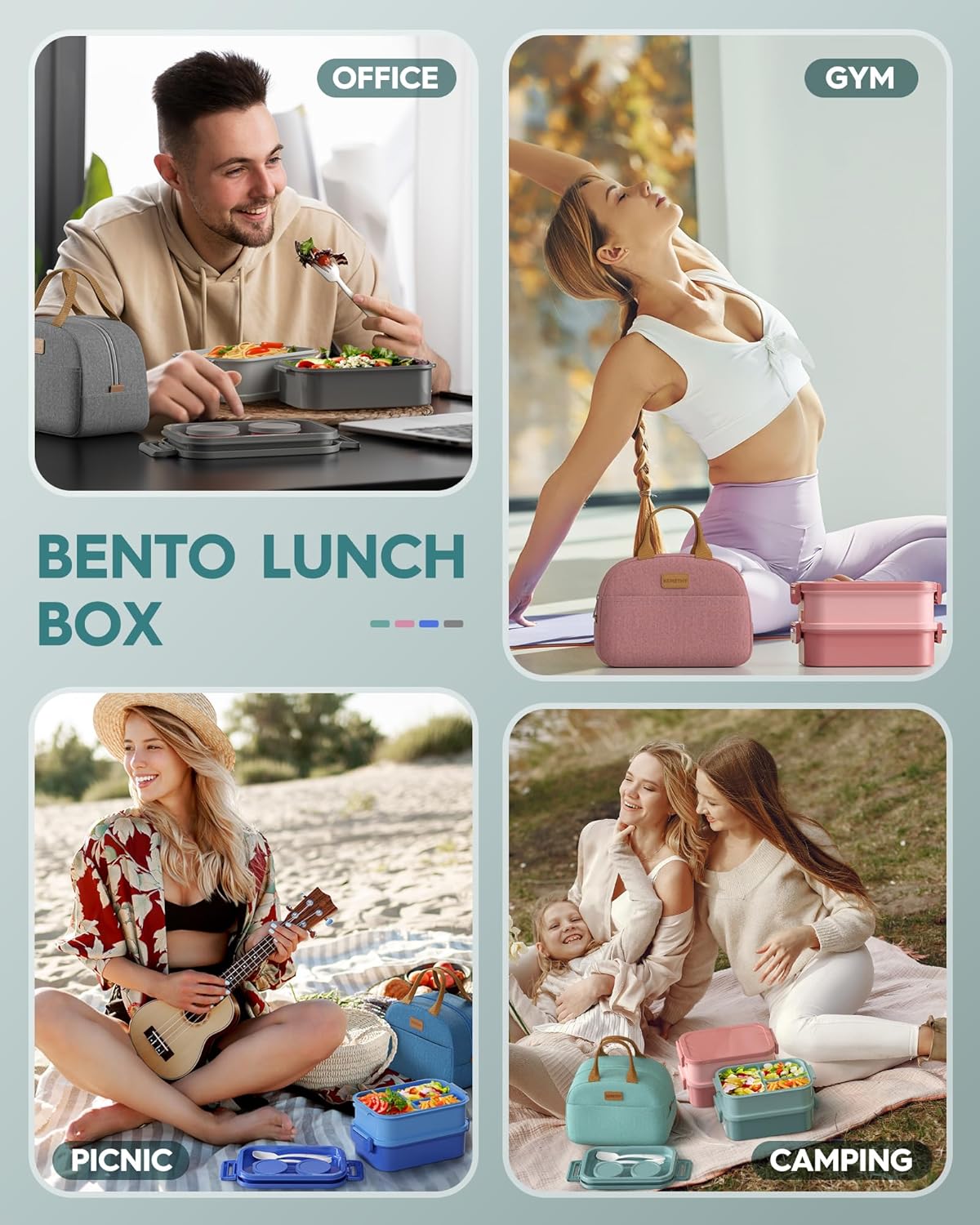 KEMETHY Adults Bento Lunch Box Set with Thermo Bag, 74oz Stackable Leak-proof 3-tiers Bento Box, Built-in Utensil and Sauce Container for Work, School, Dining Out (Gray)