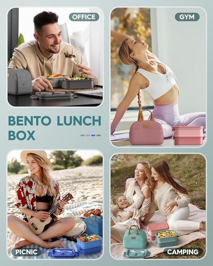 KEMETHY Adults Bento Lunch Box Set with Thermo Bag, 74oz Stackable Leak-proof 3-tiers Bento Box, Built-in Utensil and Sauce Container for Work, School, Dining Out (Gray)