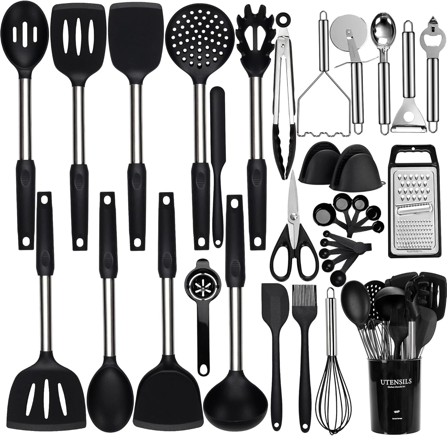 Silicone Cooking Utensils Set, NCUE 35 Pcs Kitchen Utensils Set with Holder, with Stainless Steel Handle Spatula Set, Spoons, Pasta Server, Cheese Grater, Masher, Scissors, Dishwasher Safe (Khaki)