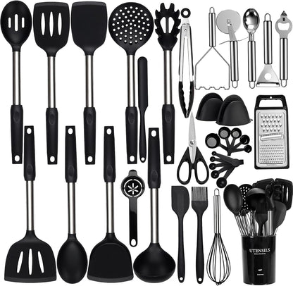 Silicone Cooking Utensils Set, NCUE 35 Pcs Kitchen Utensils Set with Holder, with Stainless Steel Handle Spatula Set, Spoons, Pasta Server, Cheese Grater, Masher, Scissors, Dishwasher Safe (Khaki)