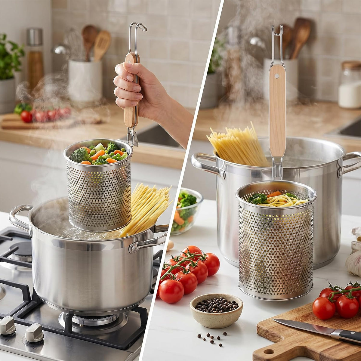 4 Pcs Stainless Steel Pasta Strainer Basket, Metal Noodle Strainer Basket with Wooden Handle, Pasta Baskets for Cooking, Boiling, Draining, Deep Mesh Sieve for Spaghetti, Dumplings, Vegetables