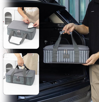 FE FUN ELEMENTS Casserole Carrier, Expandable Insulated Casserole Carriers for Hot or Cold Food, Lasagna Lugger for Parties, Fits 9" x 13" Baking Dish, Grey