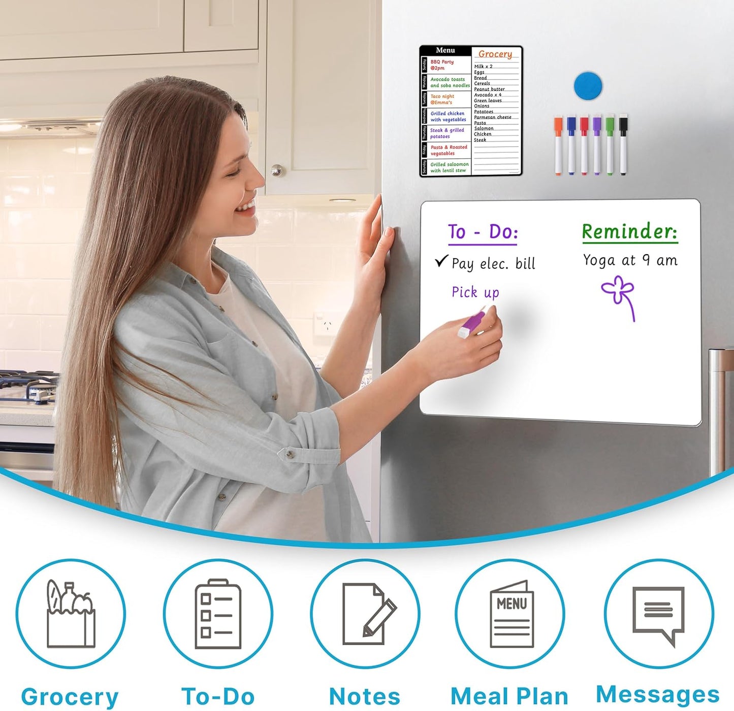 Magnetic Blackboard for Fridge - Dry Erase Black Board for Home, Office & Classroom (11.5" x15”), Menu Board for Kitchen Fridge - Family Meal Planner (7" x9”) - 6 Fine Tip Magnetic Markers & Eraser