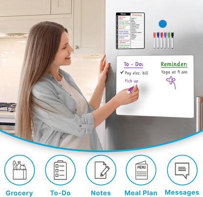 Magnetic Blackboard for Fridge - Dry Erase Black Board for Home, Office & Classroom (11.5" x15”), Menu Board for Kitchen Fridge - Family Meal Planner (7" x9”) - 6 Fine Tip Magnetic Markers & Eraser