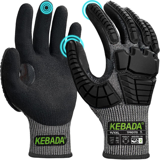 Kebada Impact Protection Gloves, ANSI A2 Cut Resistant, 1/3 Pairs