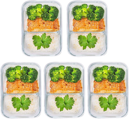 PrepNaturals 5 Pack 30 Oz Glass Meal Prep Containers - Dishwasher Microwave Freezer Oven Safe - Glass Storage Containers with Lids (Multi-Compartment)