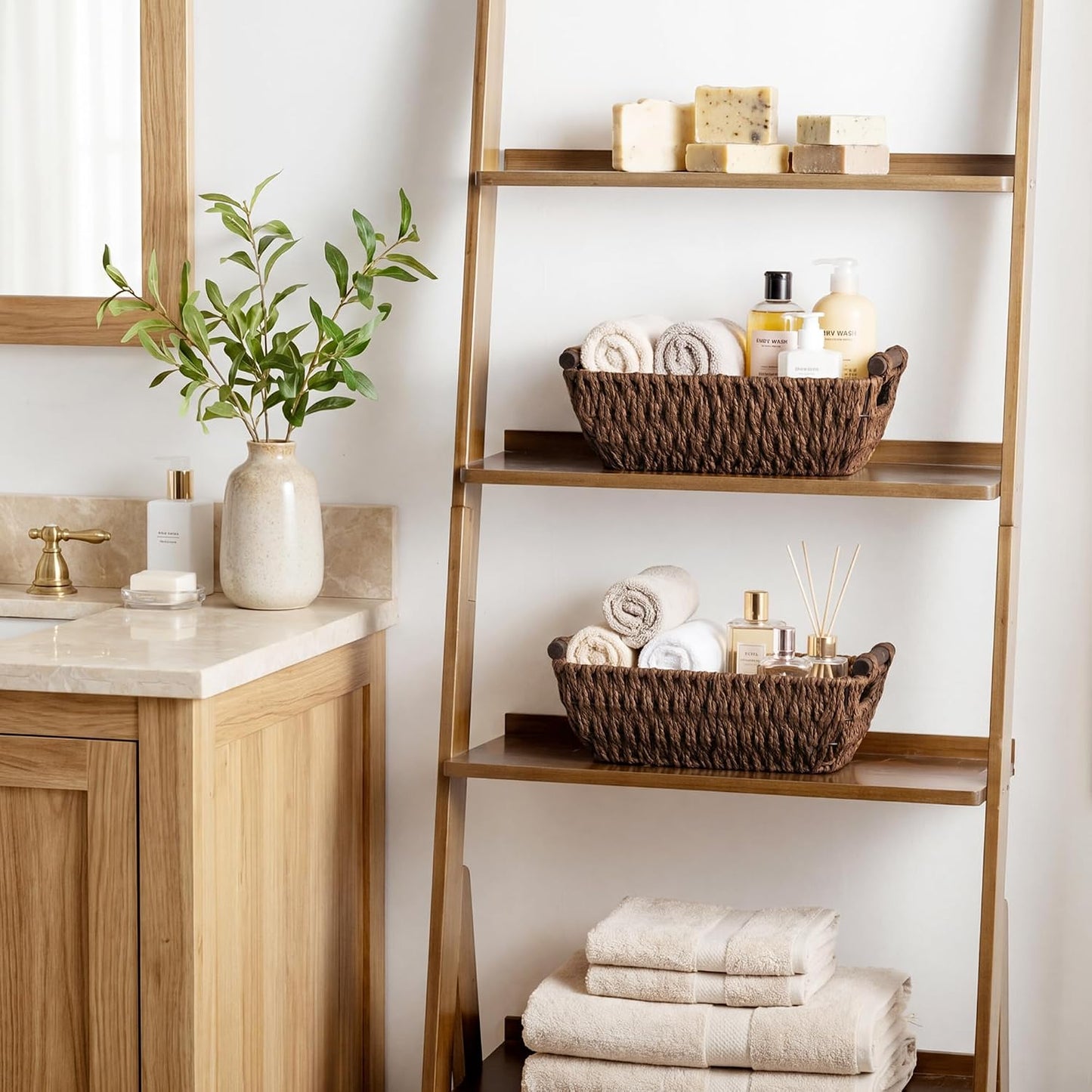 StorageWorks Hand-Woven Storage Baskets with Wooden Handles, Water Hyacinth Wicker Baskets for Organizing, 2 Pack