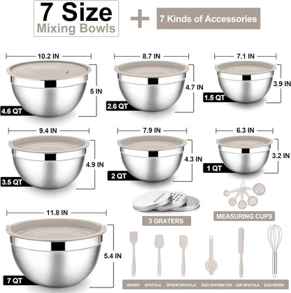E-far Stainless Steel Mixing Bowls with Lids Set, 5-Piece Nesting Salad Bowls with 3 Grater Attachments and Non-Slip Bottoms, Size 4.6, 2.6, 2, 1.5, 1QT for Kitchen (Khaki)