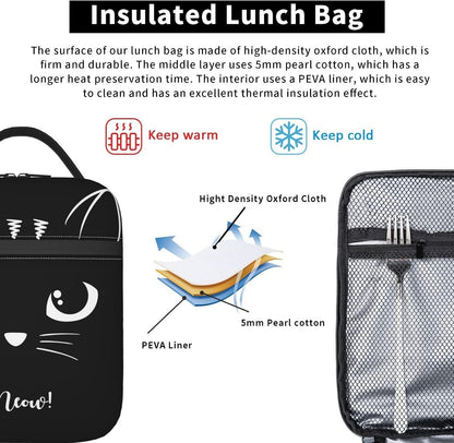 Black Cat Reusable Lunch Box Food Bag Insulated Lunch Bag for Teenage Boys Girls School Beach