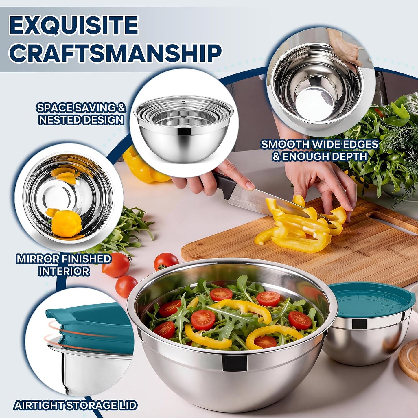 E-far Mixing Bowls With Lids Sets of 5, 10-Piece Stainless Steel Salad Metal Nesting Bowl for Baking Cooking and Prepping, Airtight Lid & Stackable Design, Size 4.6, 3, 2.1, 1.5, 0.7 QT, Black