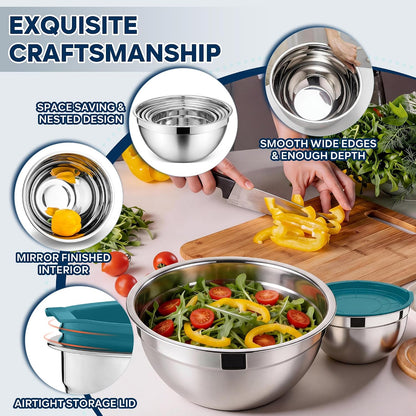 E-far Mixing Bowls With Lids Sets of 5, 10-Piece Stainless Steel Salad Metal Nesting Bowl for Baking Cooking and Prepping, Airtight Lid & Stackable Design, Size 4.6, 3, 2.1, 1.5, 0.7 QT, Black