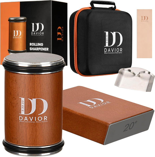 Davior Rolling Knife Sharpener Kit with Diamond Discs, 15° & 20° Multi Angle Magnetic Knife Sharpener Roller Tool for Kitchen and Pocket Knives, Finger Protector, Leather Strop & Carry Bag