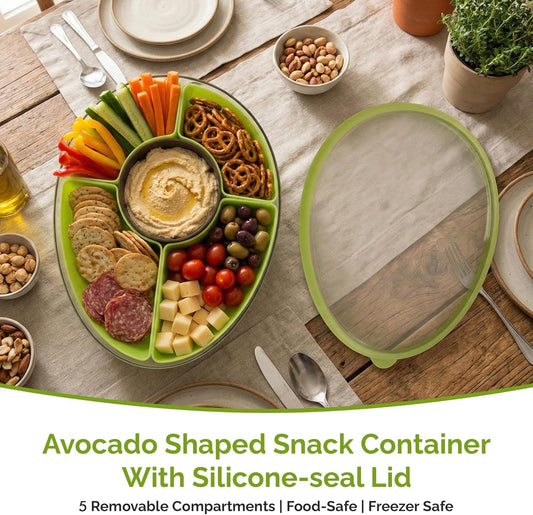 Divided Serving Tray with Lid, 5 Removable Compartments Snack & Veggie avocado shaped Tray with Center Dip Bowl, Portable Food Storage Container for Fruit, Charcuterie, Travel, Work & Parties
