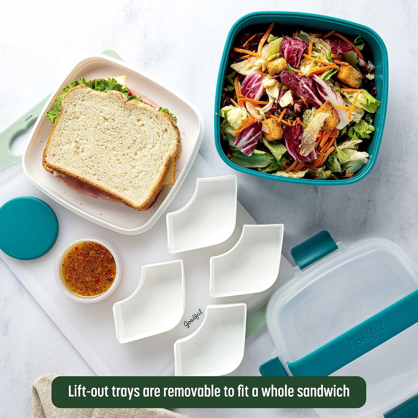 Goodful Stackable Lunch Box Container, Bento Style Food Storage with Removeable Compartments for Sandwich, Snacks, Toppings & Dressing, Leak-Proof and Made without BPA, 56-Ounce, Blue