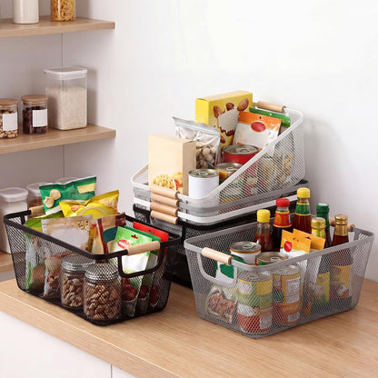 Sawysine 6 Pack Wire Mesh Baskets for Organizing with Wooden Handles 12.2 x 8.27 x 5.51 Inch Metal Mesh Storage Bins Black White Gray Fruit Vegetable Containers for Pantry Kitchen Office
