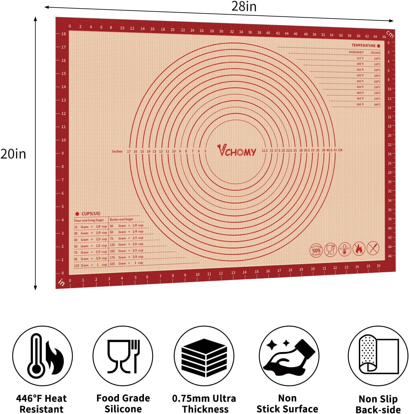 Extra Large Silicone Pastry Mat for Counter Rolling Dough,36x24 Inch,0.75mm Thick,Non Slip Silicone Baking Mat with Measurement(36 x 24 In,Red)