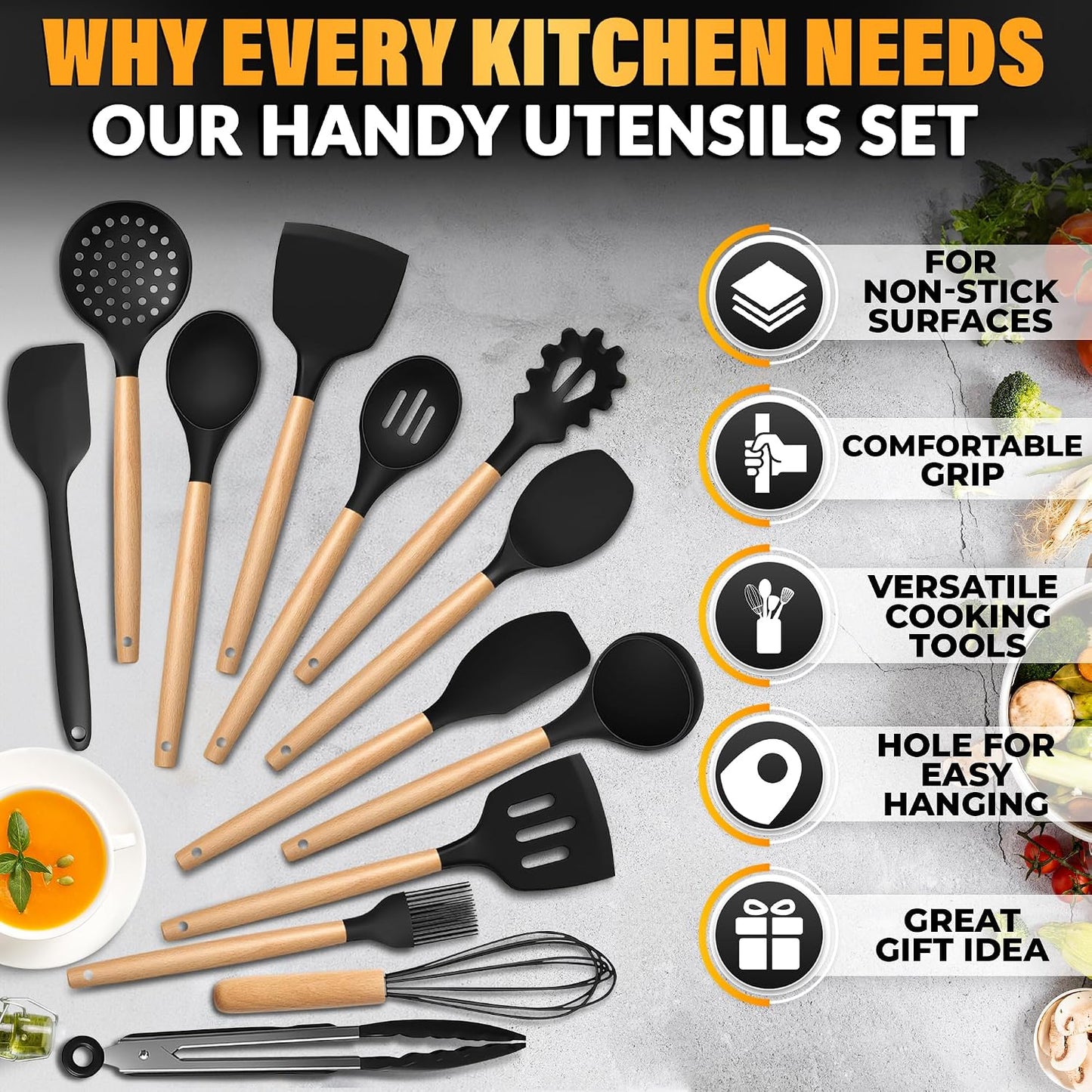 14 PCs Black Silicone Cooking Utensils Set with Holder - Versatile Kitchen Utensils with Sturdy Wooden Handles - Heat Resistance Silicone Kitchen Utensil Set with Holder for All Cooking & Baking Needs