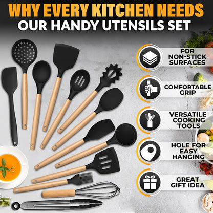 14 PCs Black Silicone Cooking Utensils Set with Holder - Versatile Kitchen Utensils with Sturdy Wooden Handles - Heat Resistance Silicone Kitchen Utensil Set with Holder for All Cooking & Baking Needs